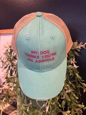 Adams Aqua & Tan Mesh Trucker Hat with Pink Embroidered Slogan